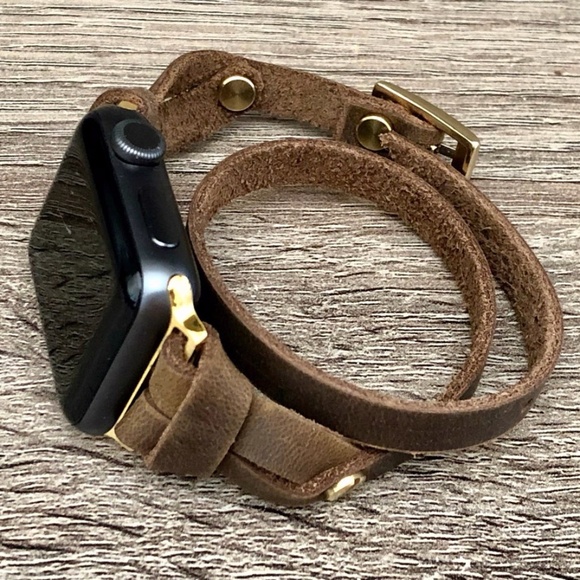 Double Wrap iWatch Vintage Brown Leather Gold Band - Picture 3 of 9